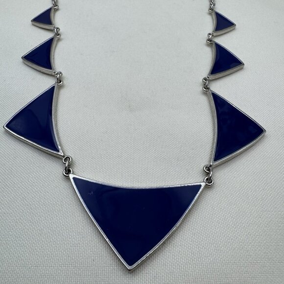 Vintage Express 90’s Silver Tone And Blue Enamel Geometric Necklace Signed - Picture 6 of 6